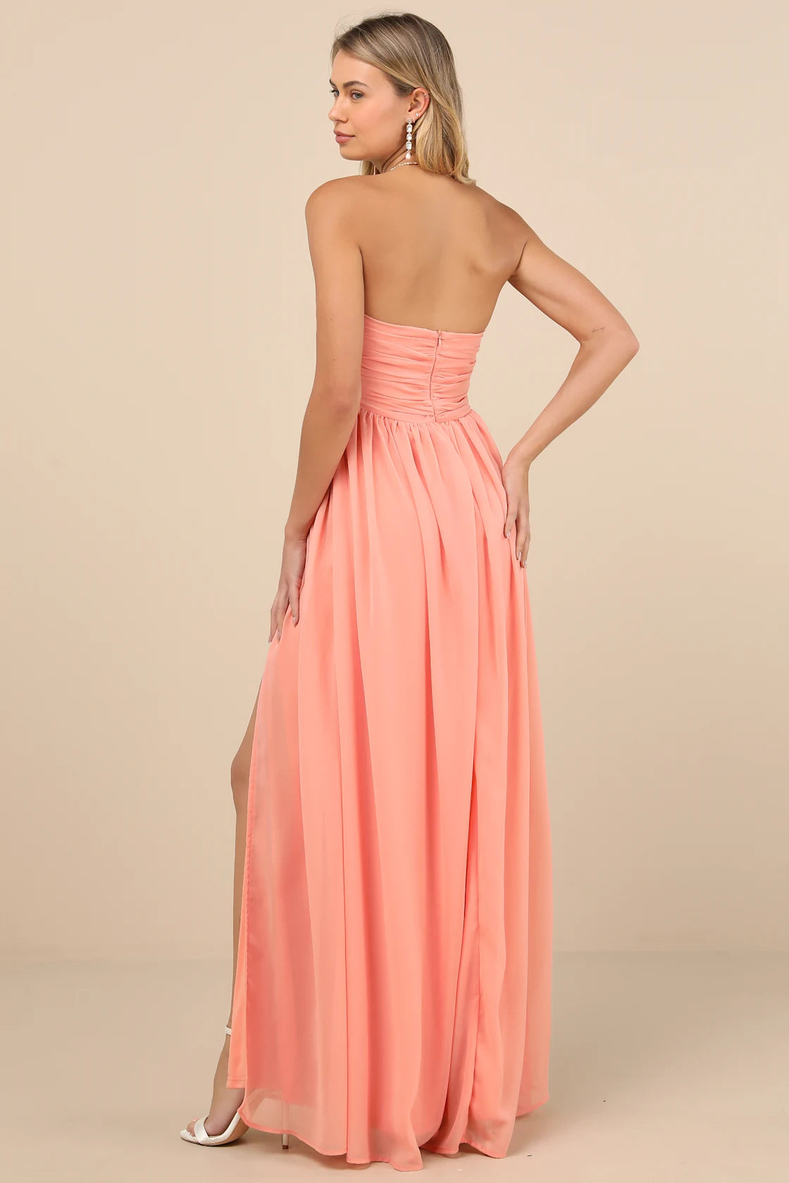 Luxe Favorite Peach Pink Strapless Ruched Maxi Dress