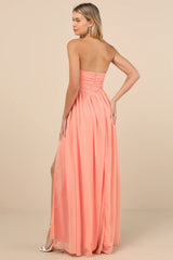 Luxe Favorite Peach Pink Strapless Ruched Maxi Dress