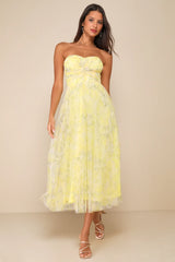 Perfect Whimsy Yellow Floral Mesh Strapless Midi Dress