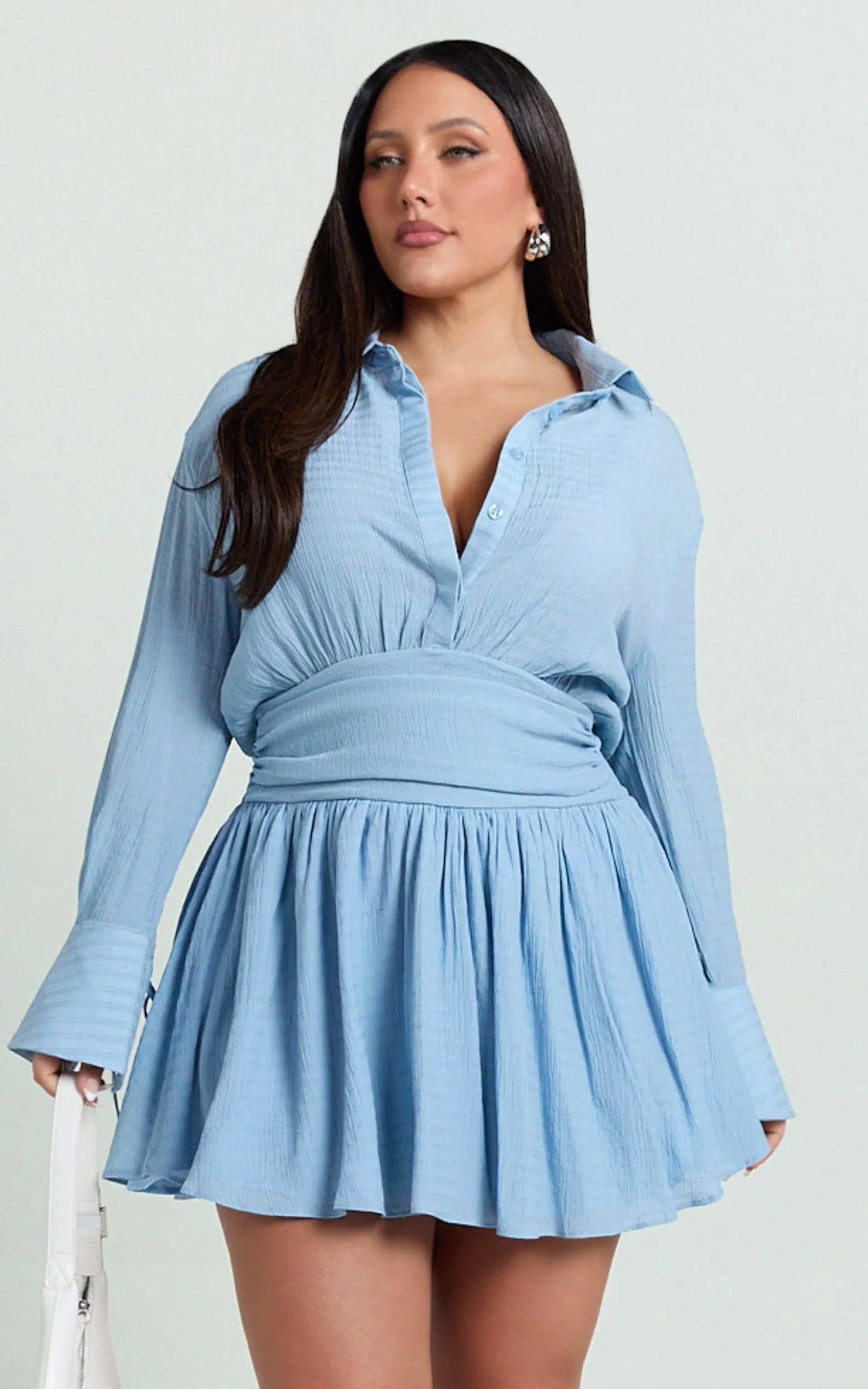 Valerie Mini Dress - Collared Long Sleeve Corset Waist Shirt Dress in Pale Blue