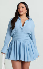 Valerie Mini Dress - Collared Long Sleeve Corset Waist Shirt Dress in Pale Blue