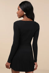 Chicest Crush Black Ribbed Long Sleeve Mini Sweater Dress