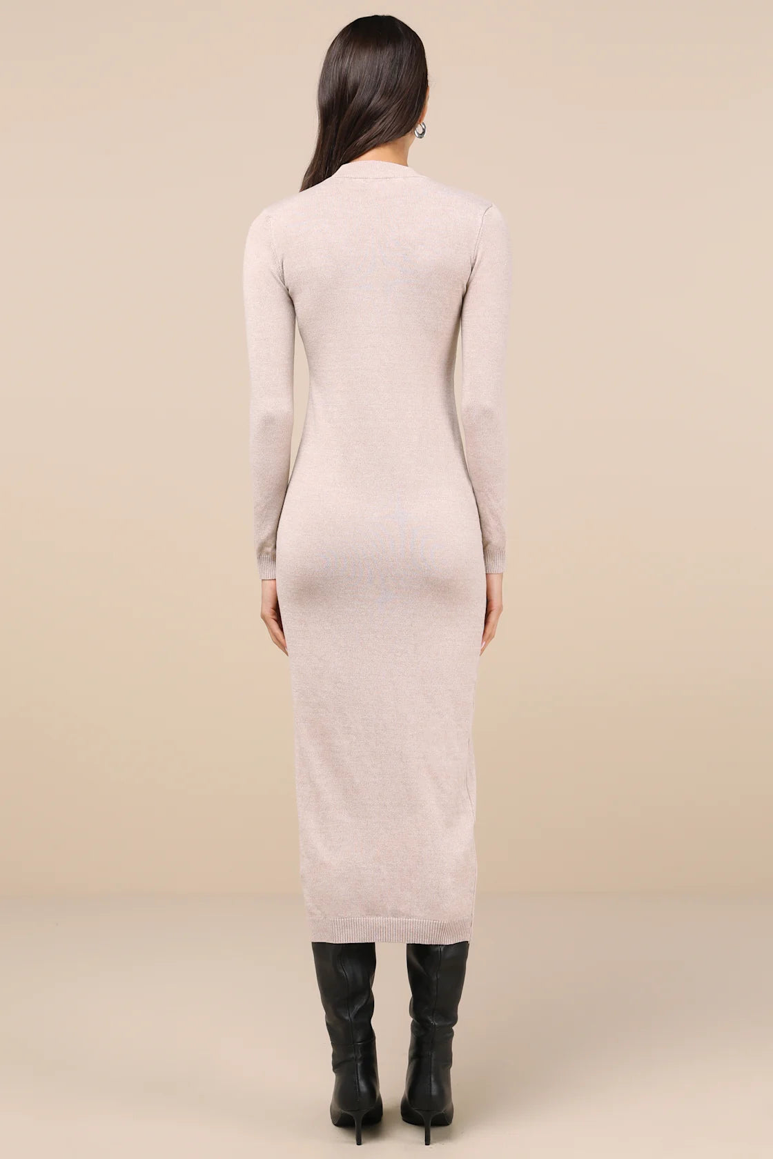 Beloved Presence Heather Beige Cutout Midi Sweater Dress