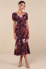 Loving Approach Purple Velvet Burnout Puff Sleeve Midi Dress