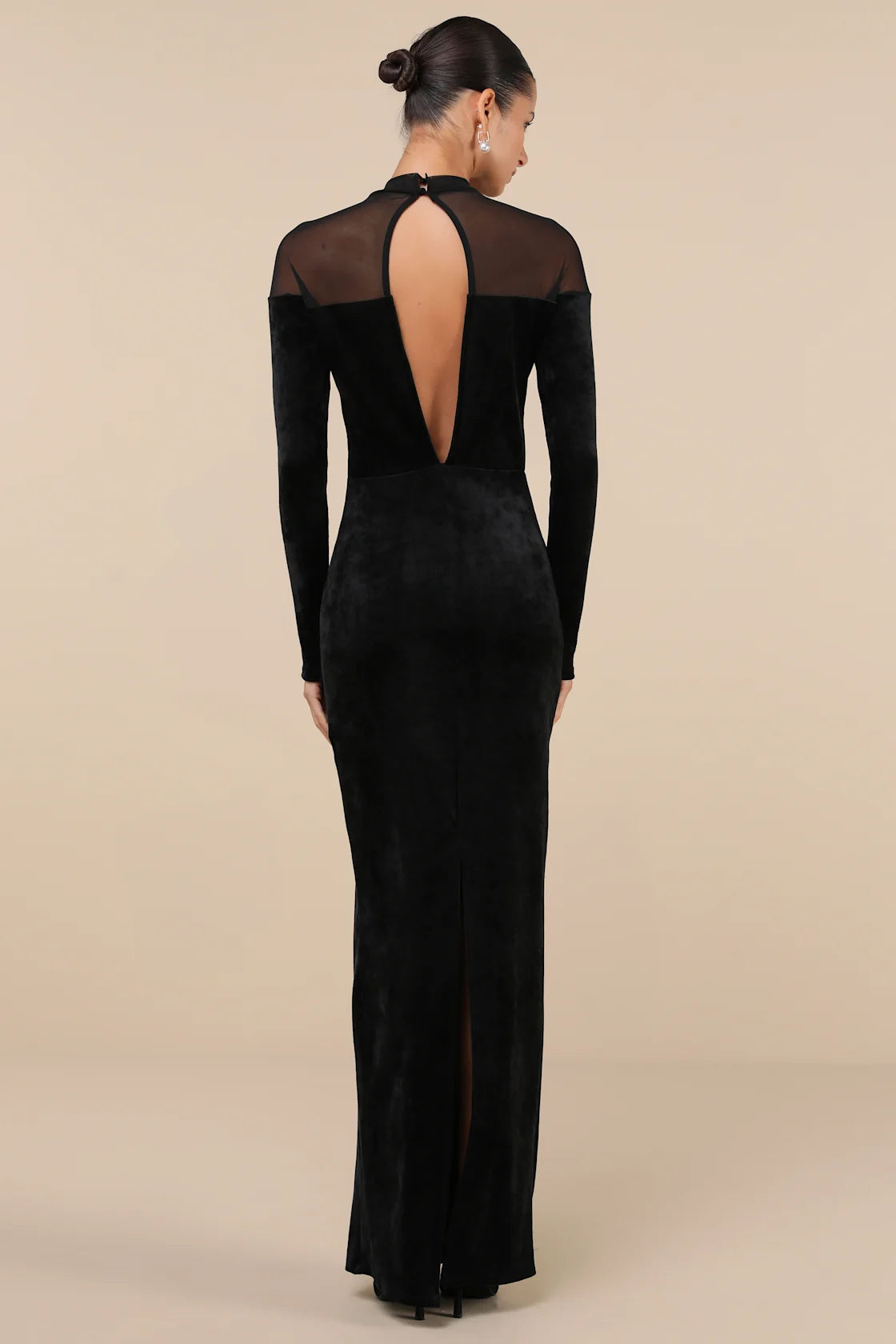 Exemplary Allure Black Velvet Mock Neck Long Sleeve Maxi Dress
