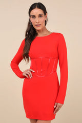 Confident Queen Red Long Sleeve Corset Bodycon Mini Dress