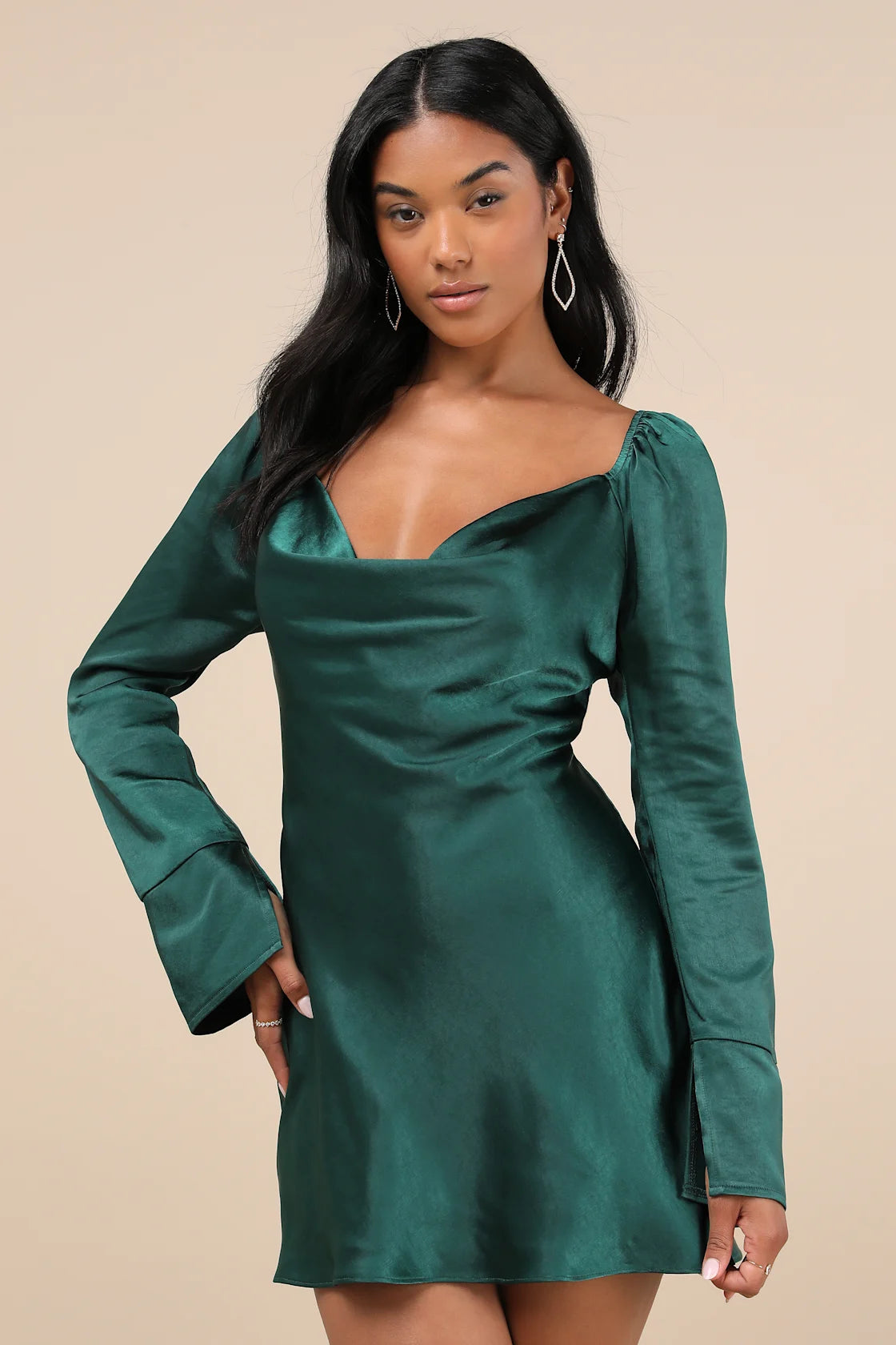 Sensational Fate Champagne Satin Cowl Neck Mini Dress