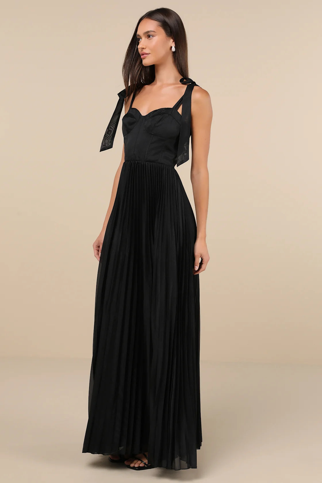Attentive Elegance Black Tie-Strap Bustier Pleated Maxi Dress