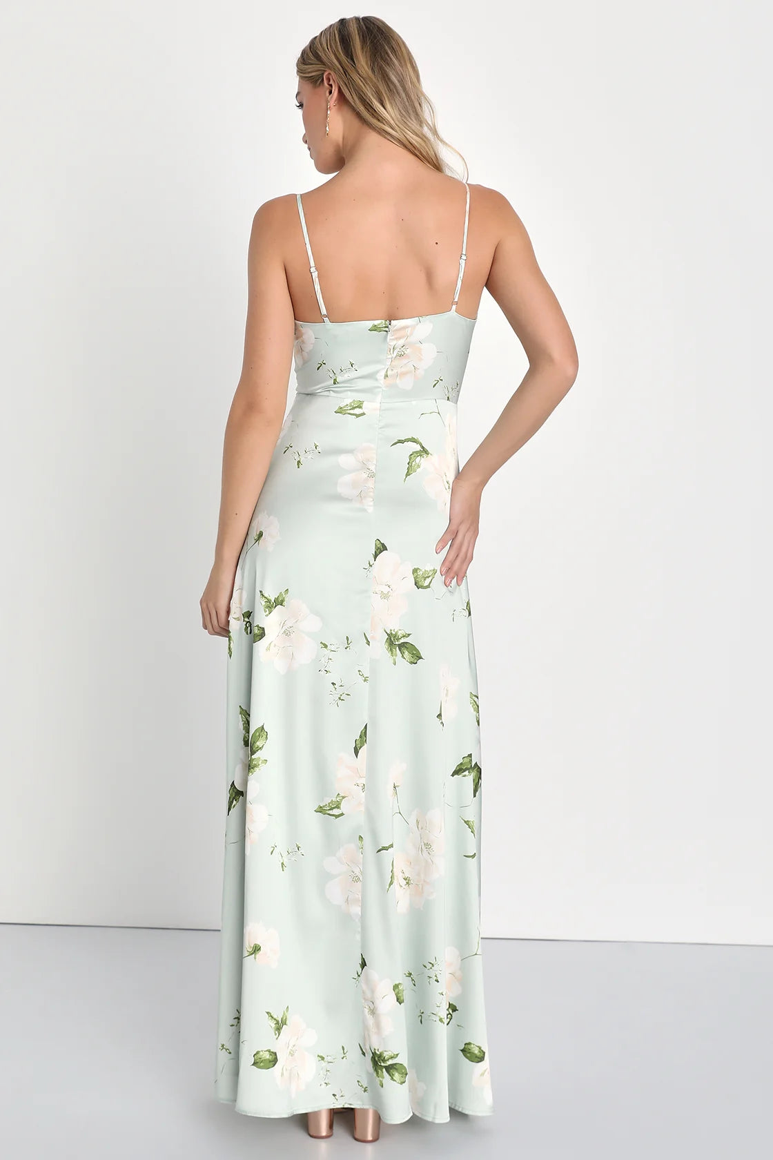 Radiant Occasion Light Green Floral Satin A-Line Maxi Dress