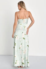 Radiant Occasion Light Green Floral Satin A-Line Maxi Dress