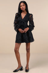 Gorgeous Outcome Black Mesh 3D Applique Long Sleeve Mini Dress