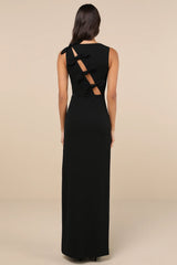 Perfected Poise Black Bow Cutout Column Maxi Dress