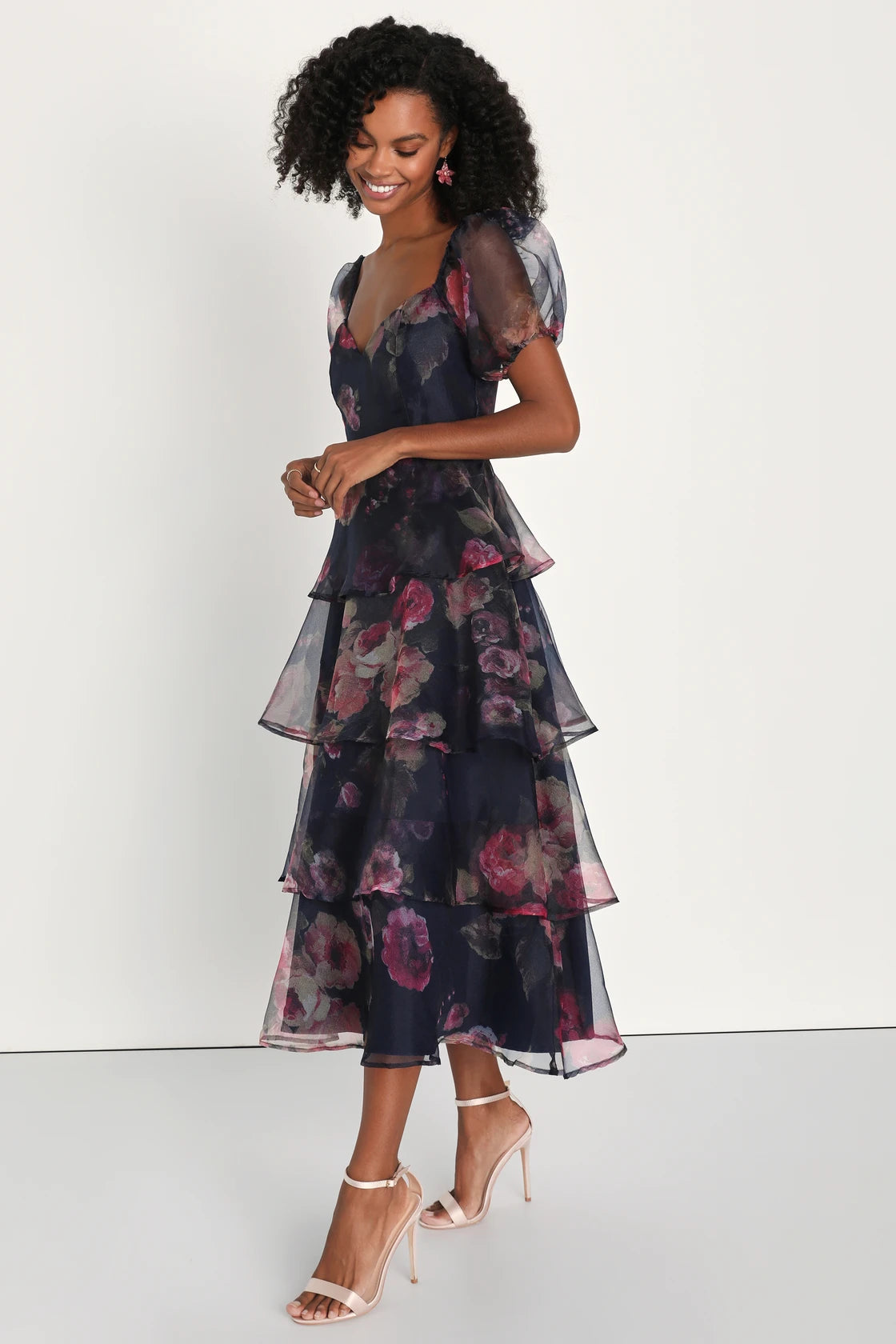 Oh-So Stunning Purple Floral Organza Tiered Midi Dress