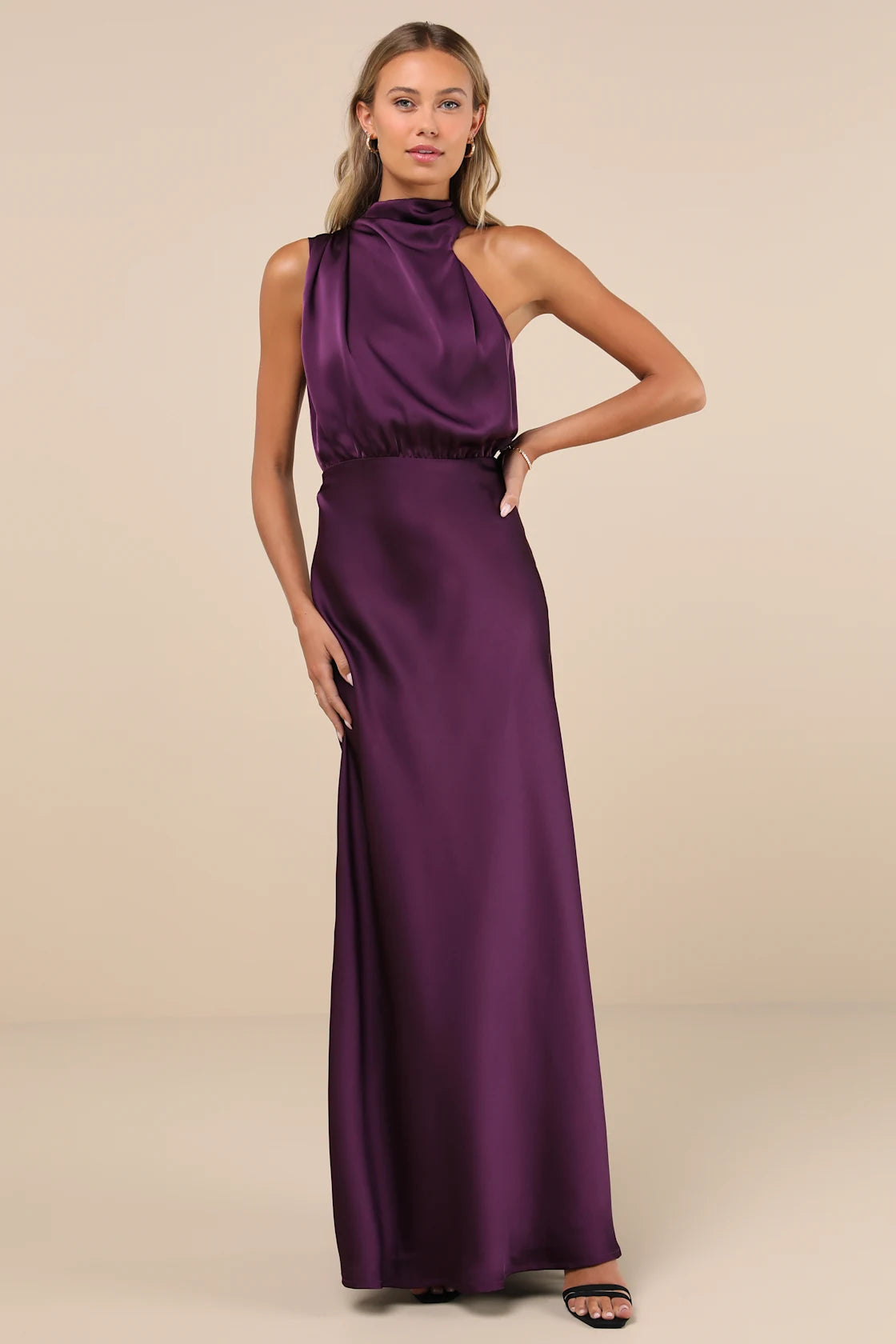Distinctive Charm Slate Blue Satin Asymmetrical Maxi Dress