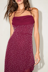 Audrine Burgundy Beaded Lace-Up Asymmetrical Midi Dress