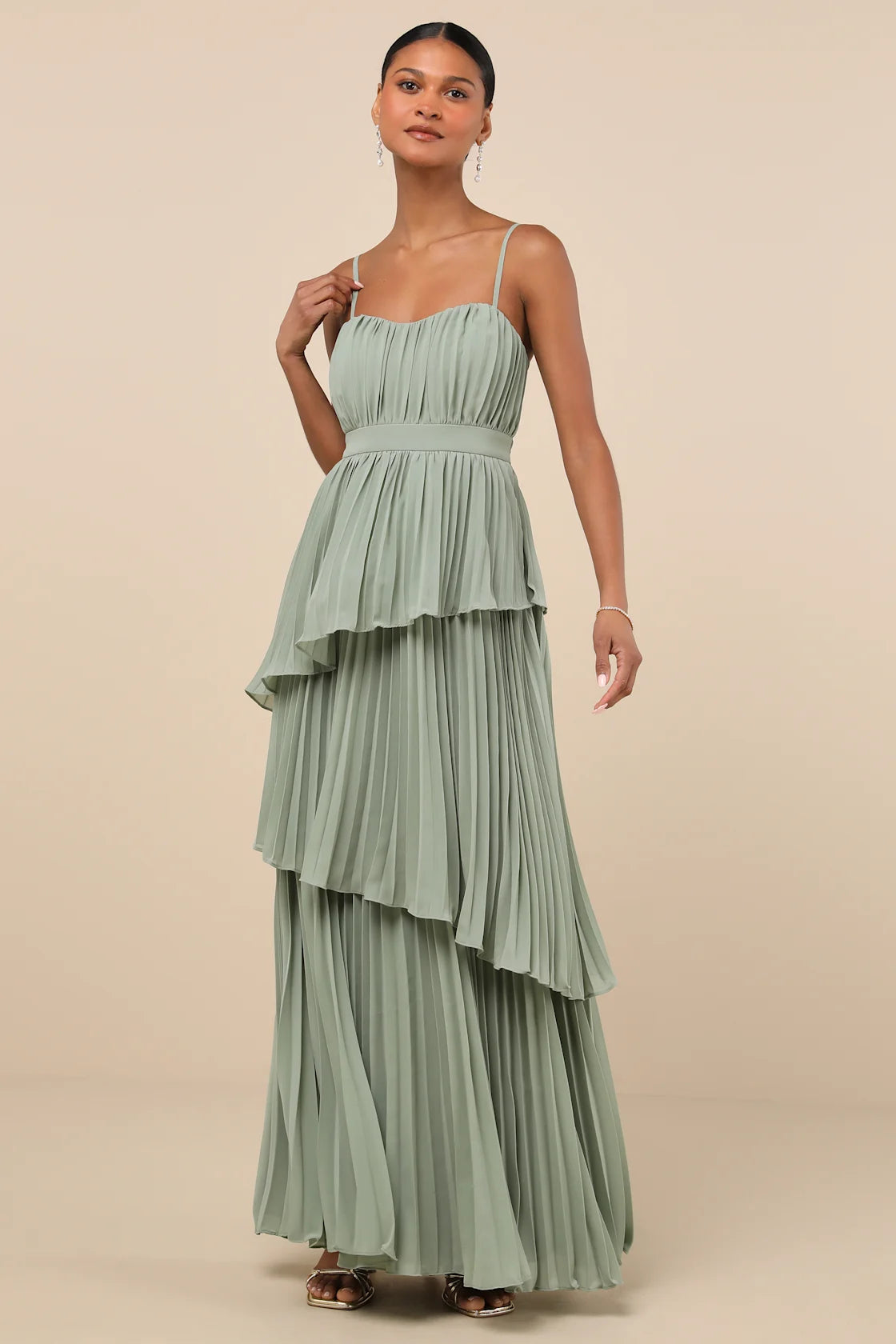 Jehona Dusty Blue Pleated Tiered Maxi Dress