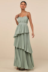 Jehona Dusty Blue Pleated Tiered Maxi Dress