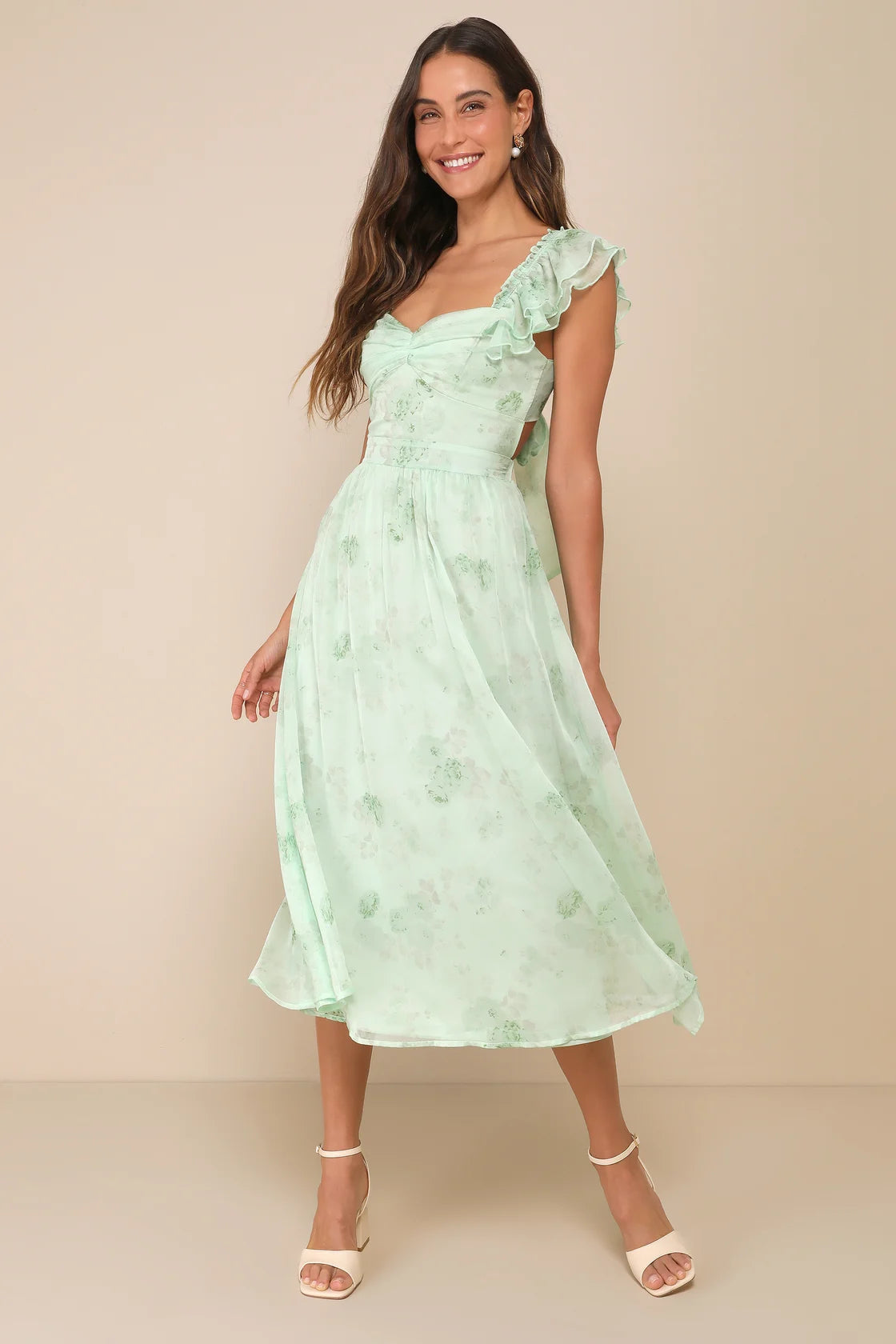 Loveliest Darling Light Green Floral Ruffled Tie-Back Midi Dress