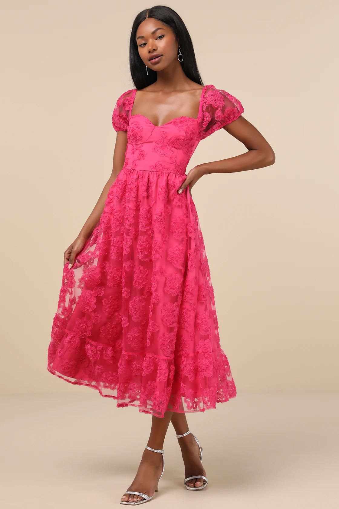 Notable Elegance Black Mesh Floral Applique Bustier Midi Dress