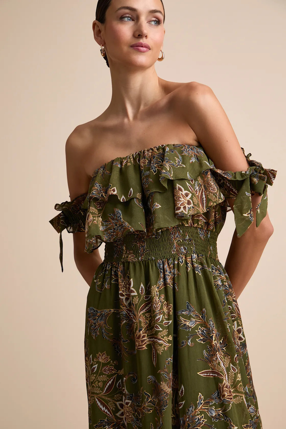 Love and Blooms Blush Floral Print Off-the-Shoulder Dress
