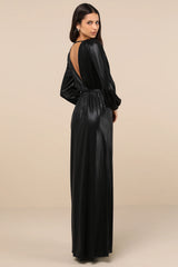 Extra Aesthetic Black Shiny Long Sleeve Surplice Maxi Dress