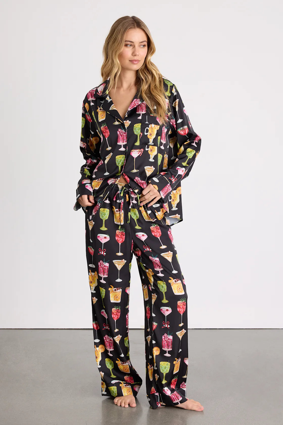 Classic White Multi Jolly Stripes Satin Two-Piece Pajama Set