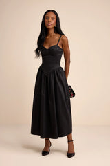 Goodwin Black Taffeta Tie-Strap Bustier Midi Dress
