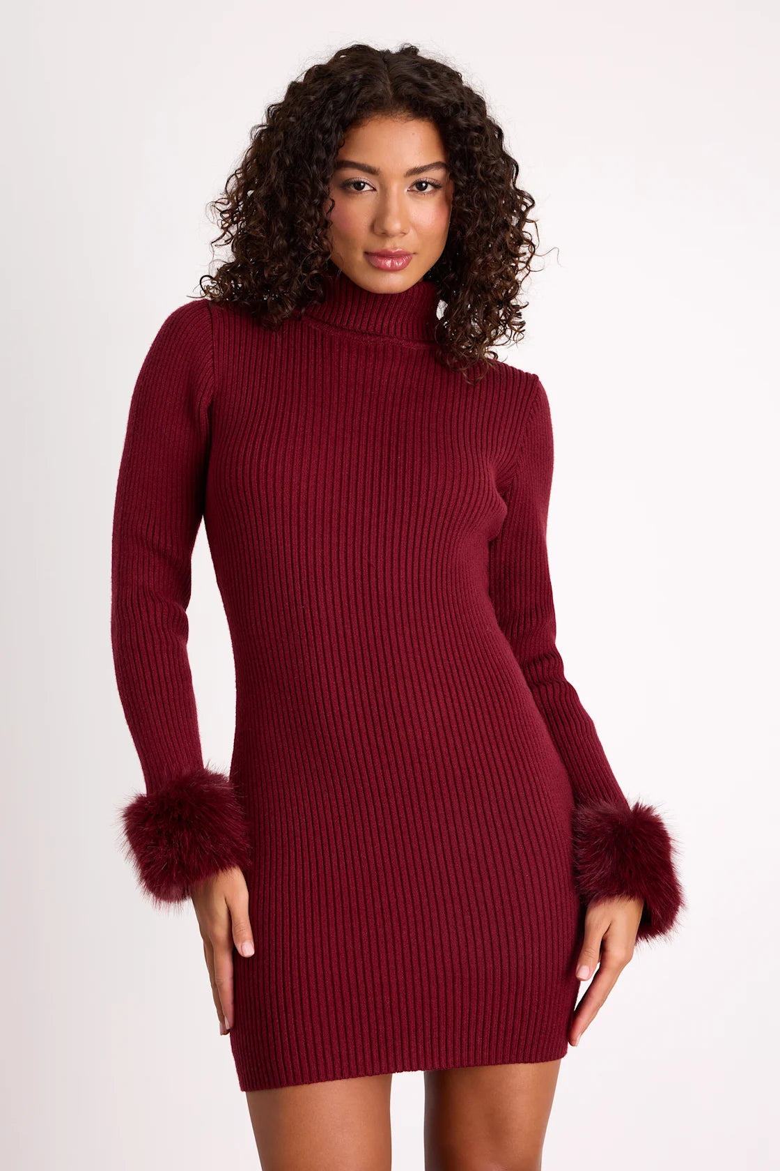 Labelle Wine Red Ribbed Faux Fur Sweater Mini Dress