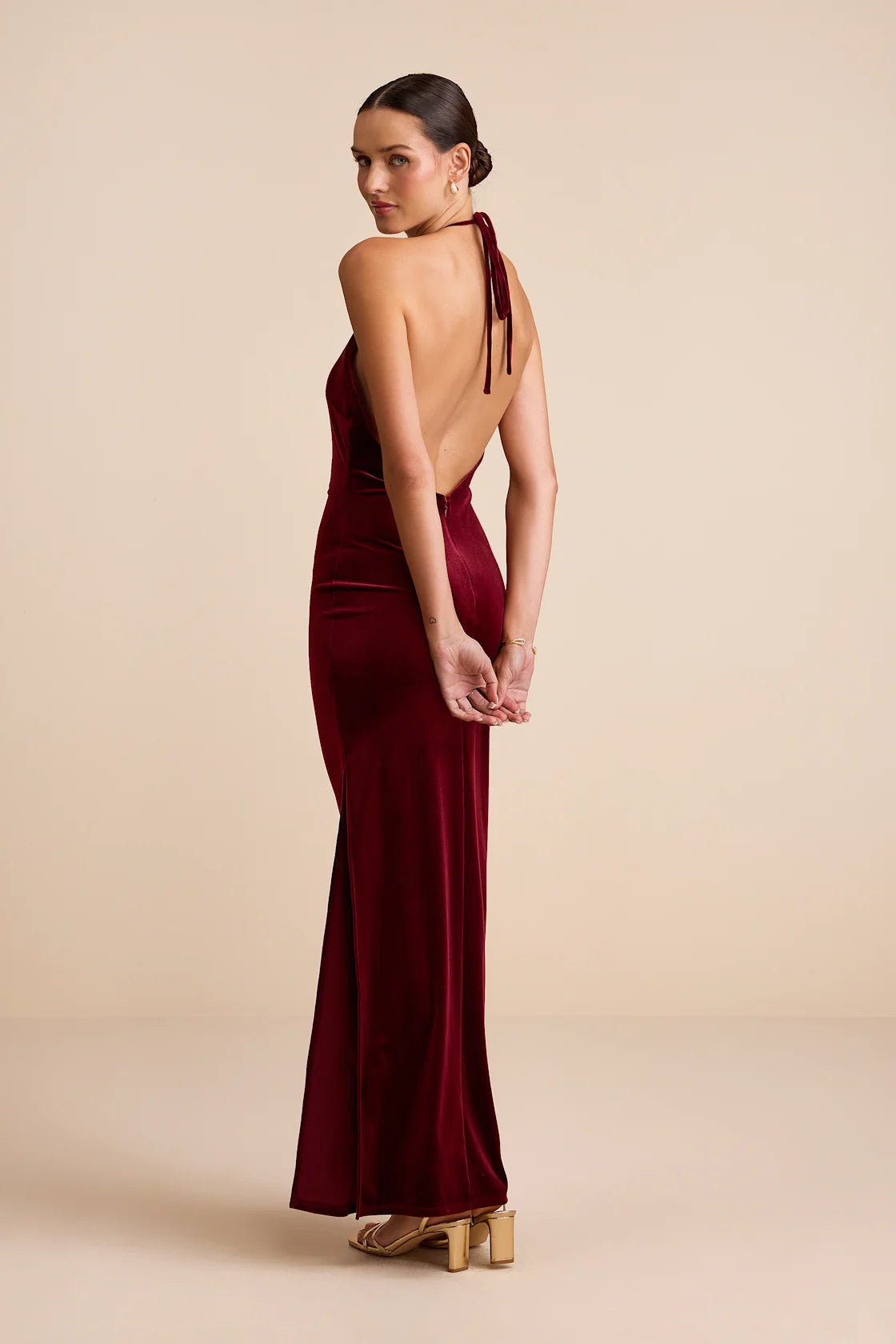 Emelina Wine Red Velvet Halter Maxi Dress
