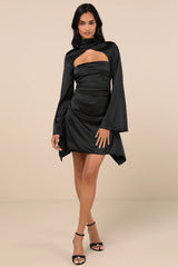 Sultry Elevation Dark Teal Satin Long Sleeve Cutout Mini Dress