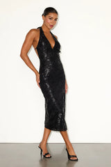 Rosaria Black Burnout Lurex Backless Halter Midi Dress