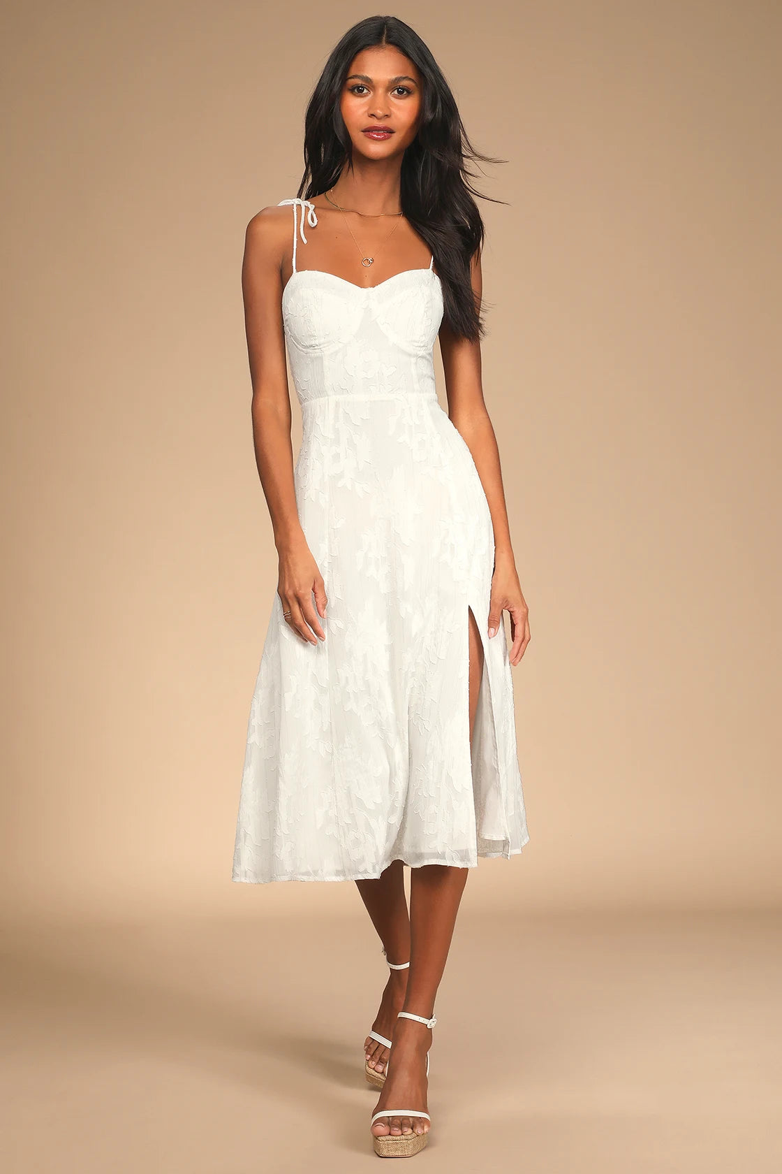 Loveliest Looks Navy Blue Floral Jacquard Tie-Strap Midi Dress