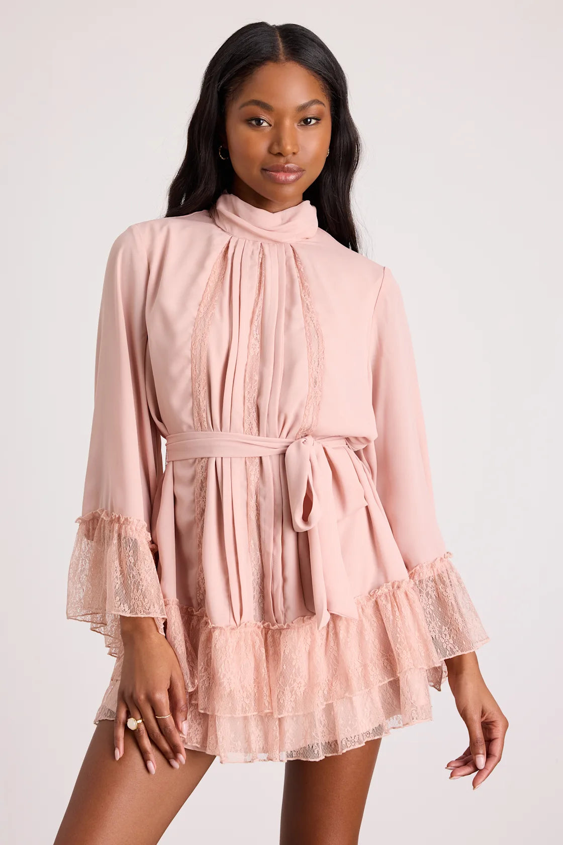 Sidonie Blush Pink Lace Bell Sleeve Mini Dress