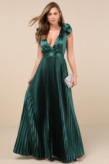 Exceptional Drama Sage Green Satin Lace-Up Pleated Maxi Dress