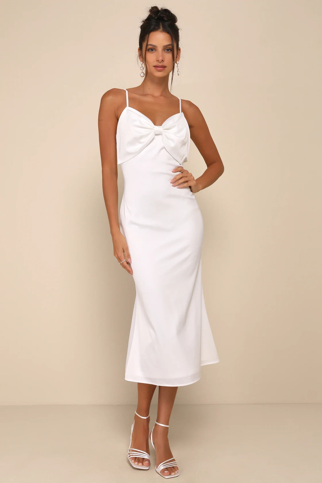 Extravagantly Sleek White Satin Sleeveless Bow Midi Dress