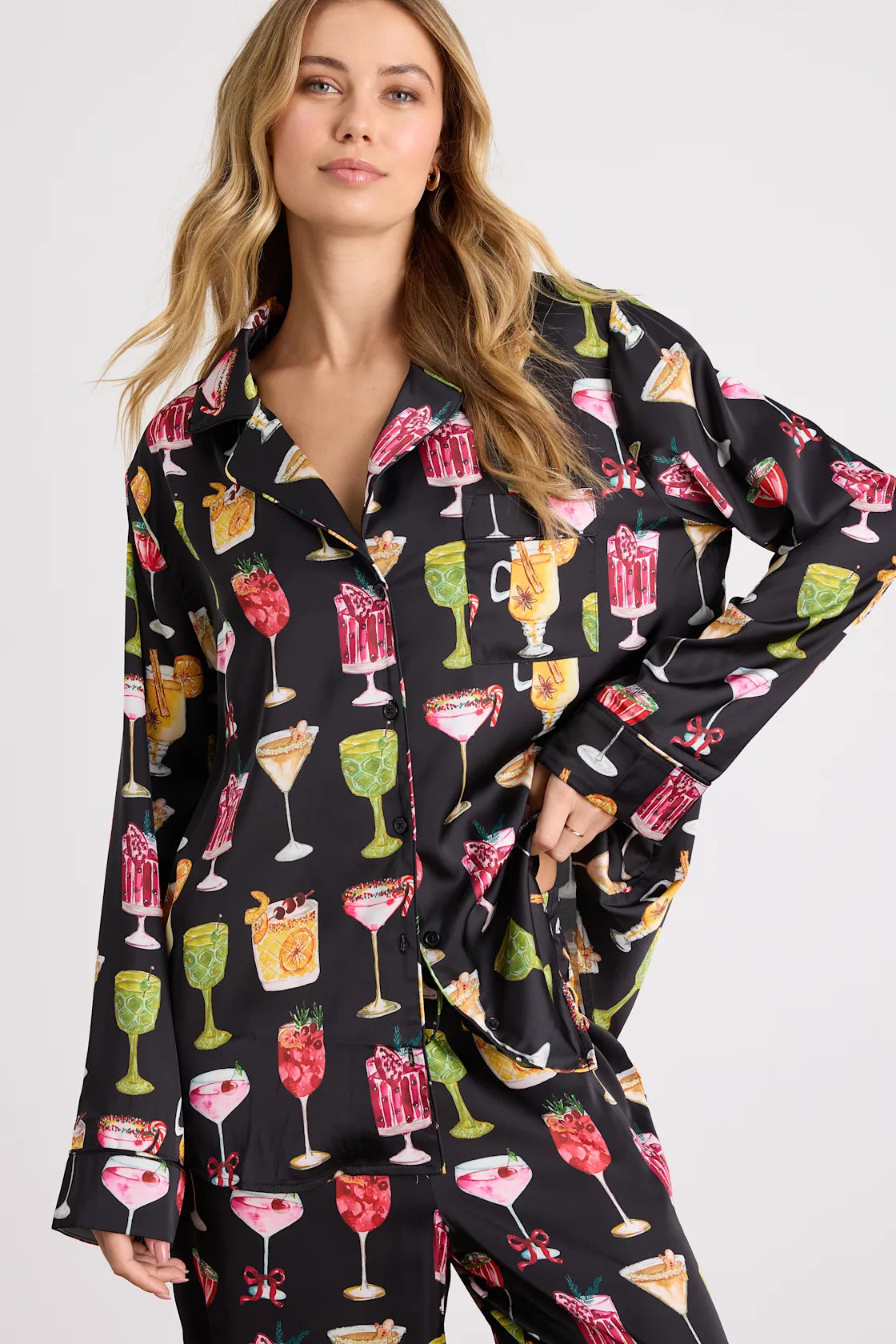 Classic White Multi Jolly Stripes Satin Two-Piece Pajama Set