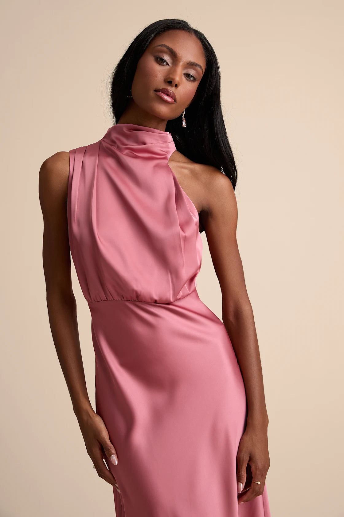 Distinctive Charm Slate Blue Satin Asymmetrical Maxi Dress