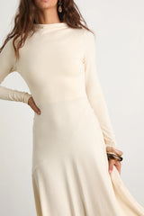 Corinne Cream Jersey Knit Mock Neck Midi Dress