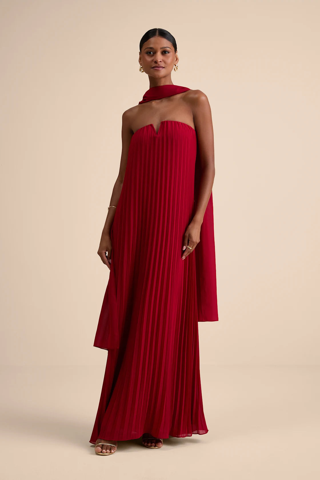 Lael Dark Red Pleated Strapless Dress and Scarf Set
