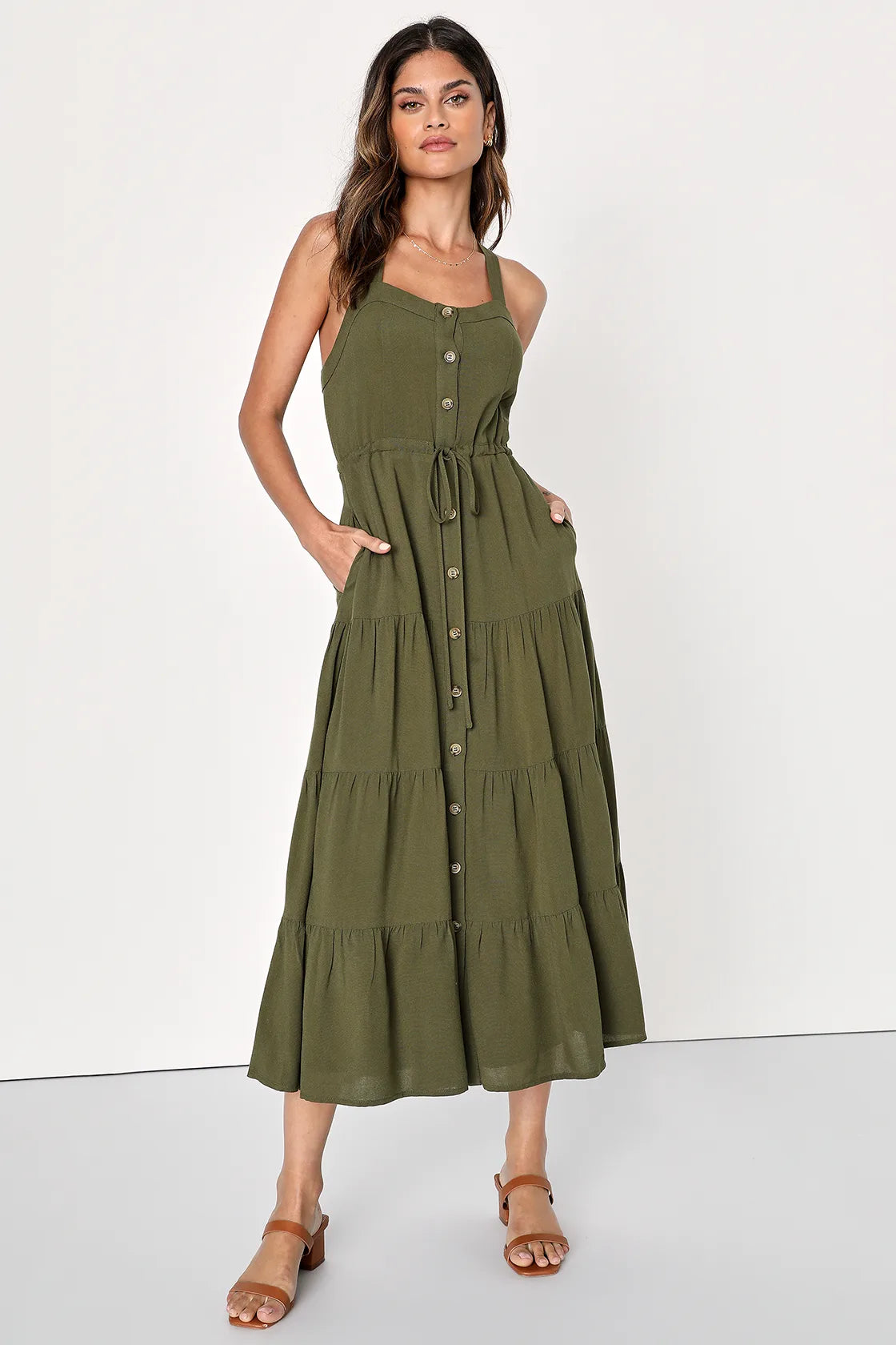 See the City Beige Button-Front Tiered Midi Dress