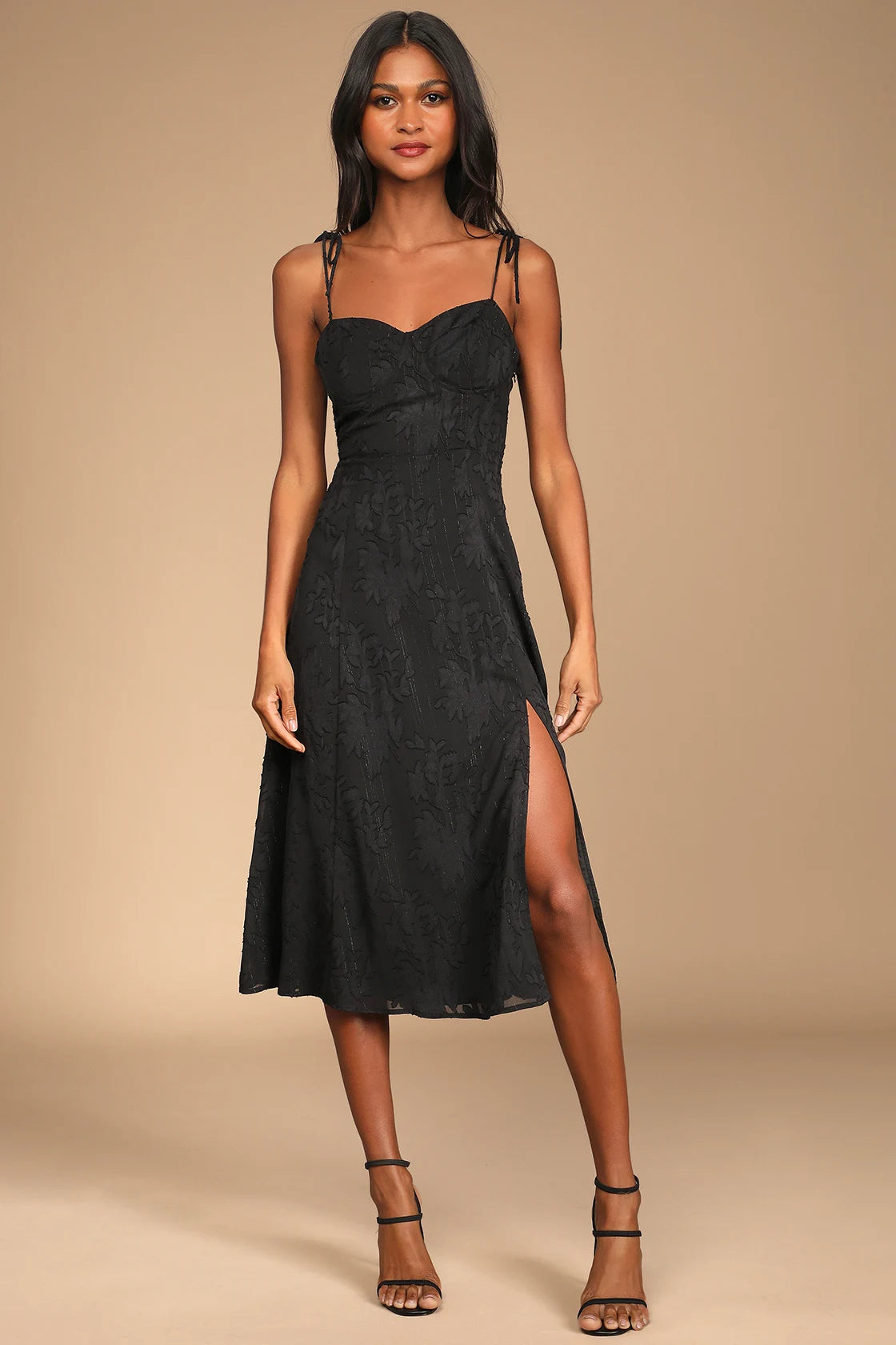 Loveliest Looks Navy Blue Floral Jacquard Tie-Strap Midi Dress