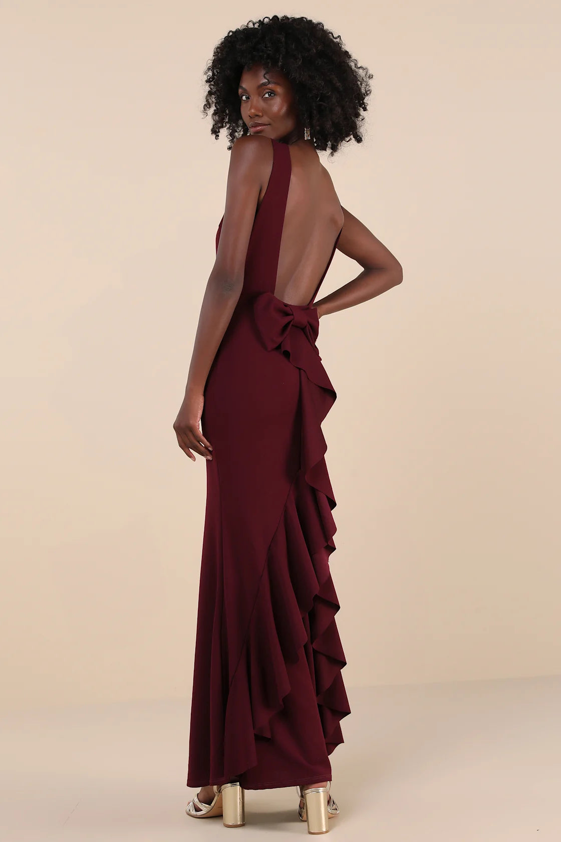 Exquisite Refinement Red Backless Bow Ruffled Maxi Dress