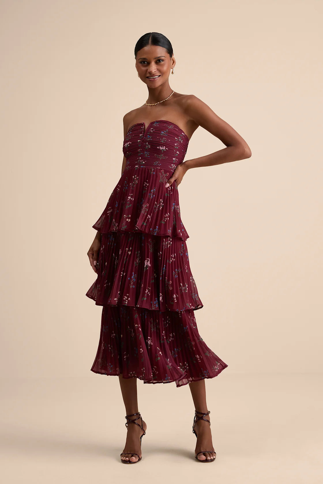 Hadelyn Wine Red Floral Pleated Tiered Midi Dress