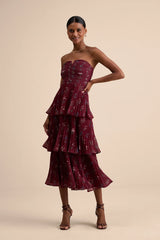 Hadelyn Wine Red Floral Pleated Tiered Midi Dress