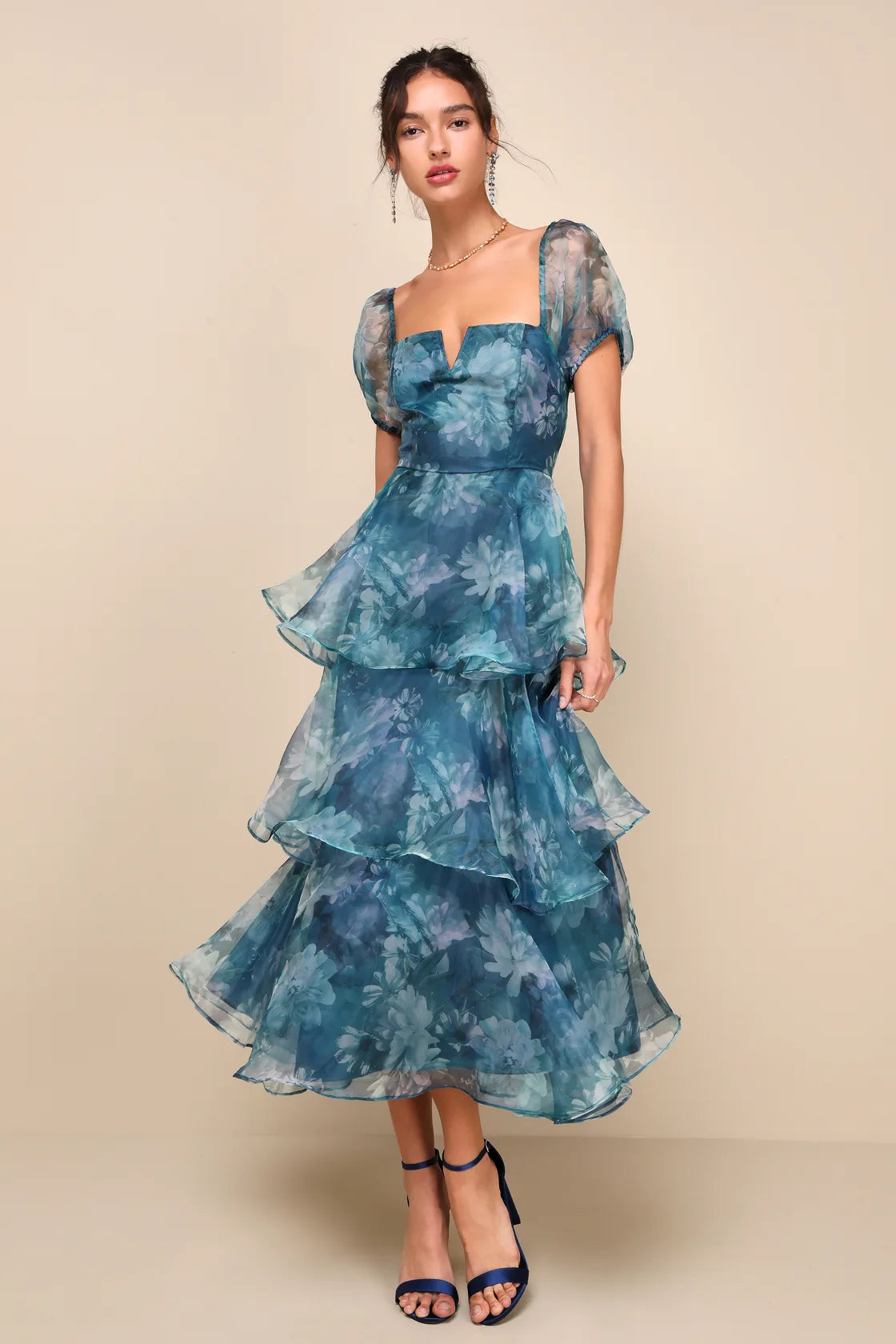 Darling Vision Teal Floral Organza Puff Sleeve Tiered Midi Dress