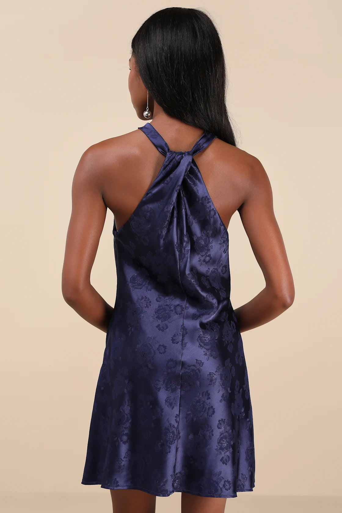 Got the Key Rust Satin Floral Jacquard Halter Mini Dress