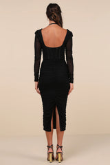 Dramatic Demure Black Mesh Halter Bustier Midi Dress