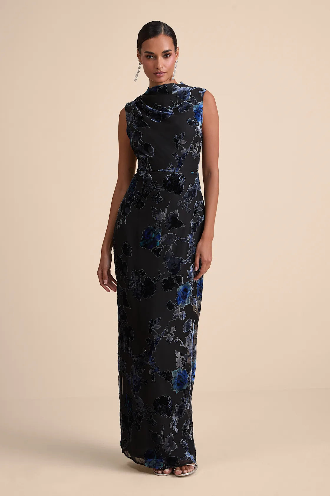 Composed Glamour Red and Black Burnout Velvet Maxi Dress
