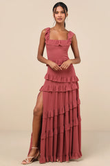 Compelling Romantic Dark Green Ruffled Tiered Maxi Dres