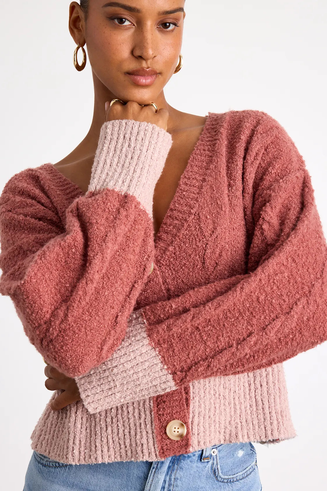Convincingly Cozy Beige and Ivory Cable Knit Boucle Cardigan